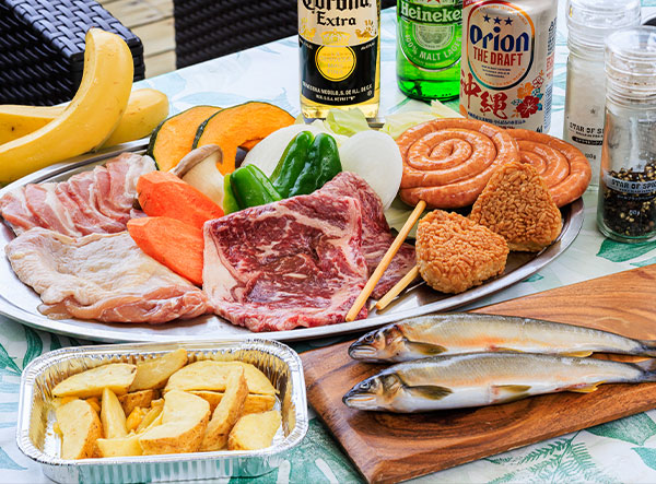A variety of BBQ ingredients including raw meat, vegetables, fish, grilled rice balls, and french fries.