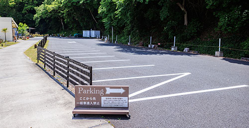 Dedicated asphalt parking lot with white lines at a resort.